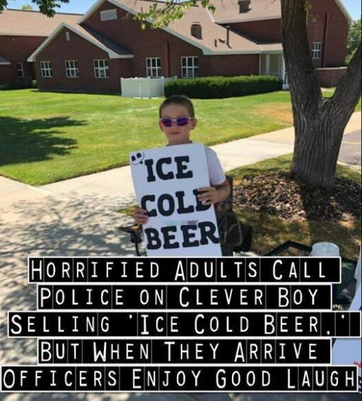 Police are called on boy selling ‘Ice Cold Beer’ but his clever sign has them chuckling