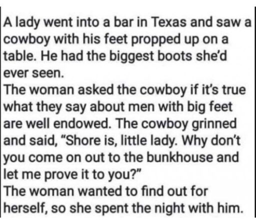 A lady went into a bar in Texas and saw a cowboy with his feet propped up on a table